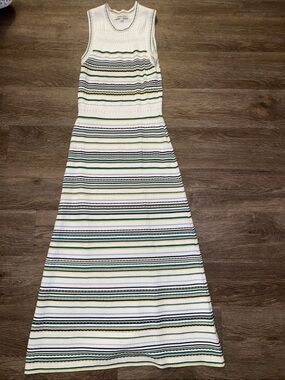 Veronica Beard Sleeveless White Maxi Dress with Green & Black Stripes